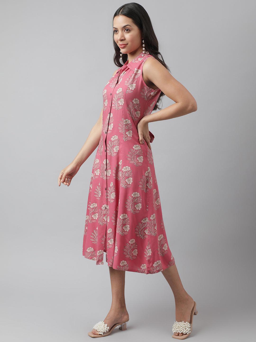 Women's Rayon Rose Pink A-Line Floral Printed Midi Dress - Taantav