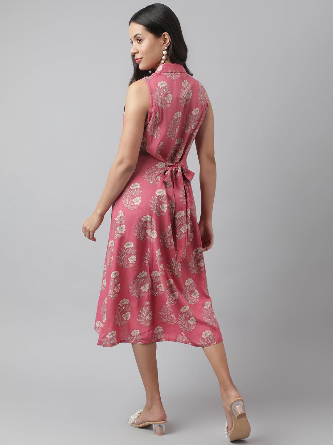 Women's Rayon Rose Pink A-Line Floral Printed Midi Dress - Taantav