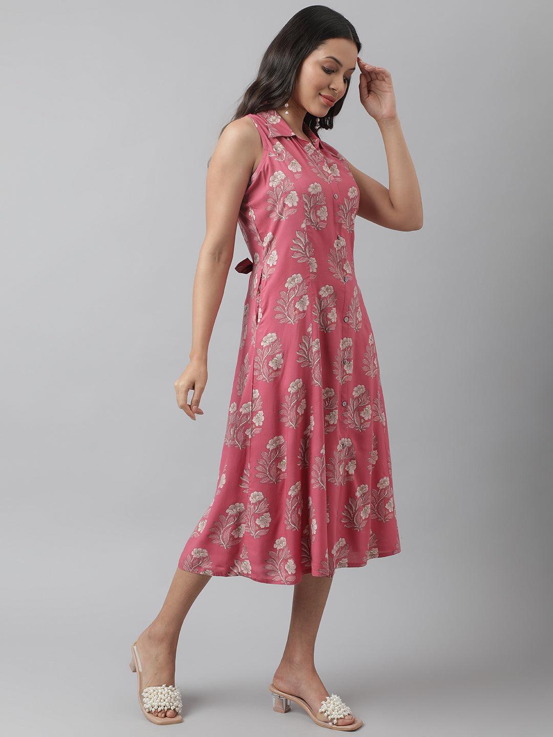 Women's Rayon Rose Pink A-Line Floral Printed Midi Dress - Taantav