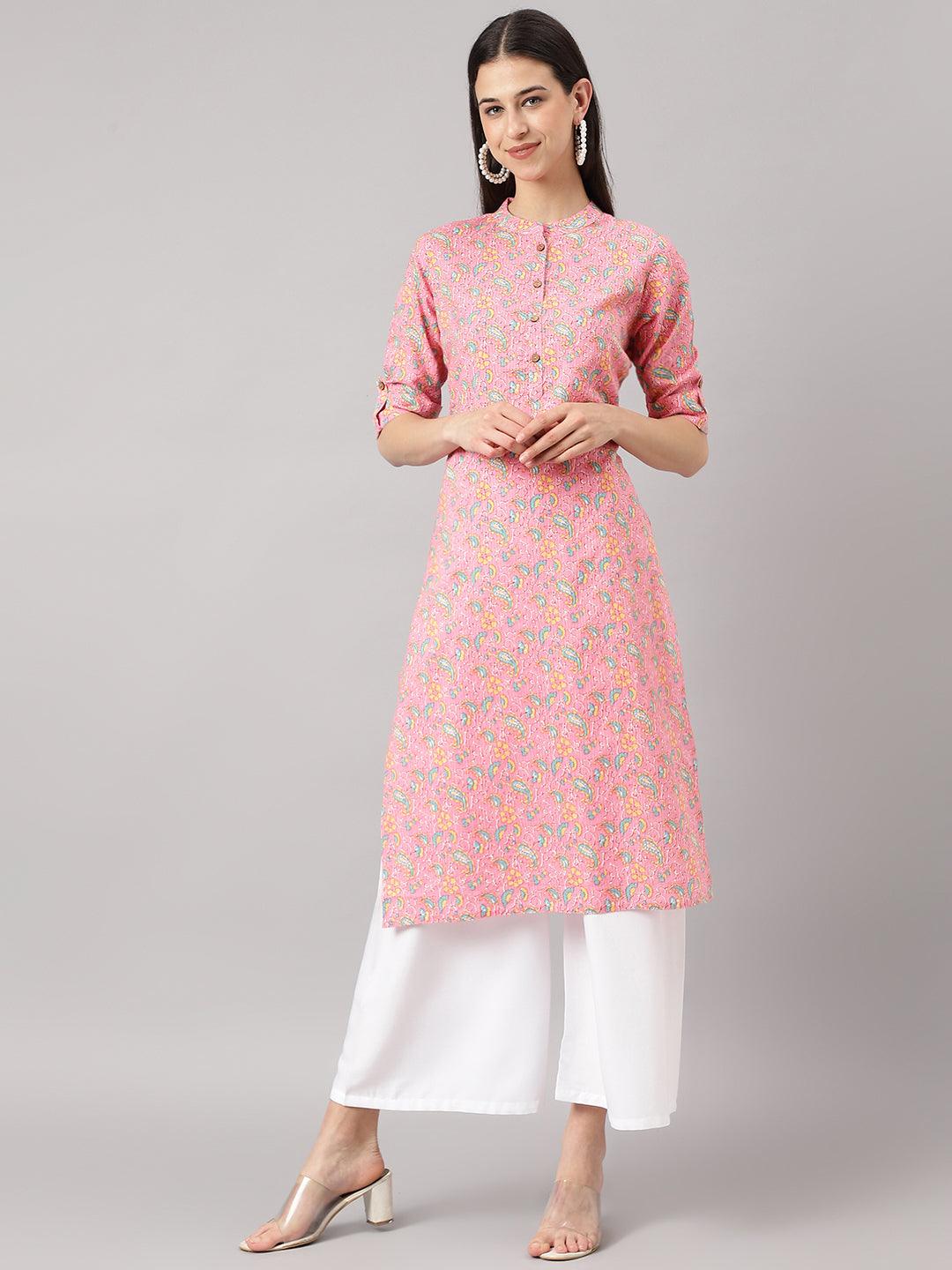 Women's Pink and Green Cotton Katha work Straight Kurta - Taantav