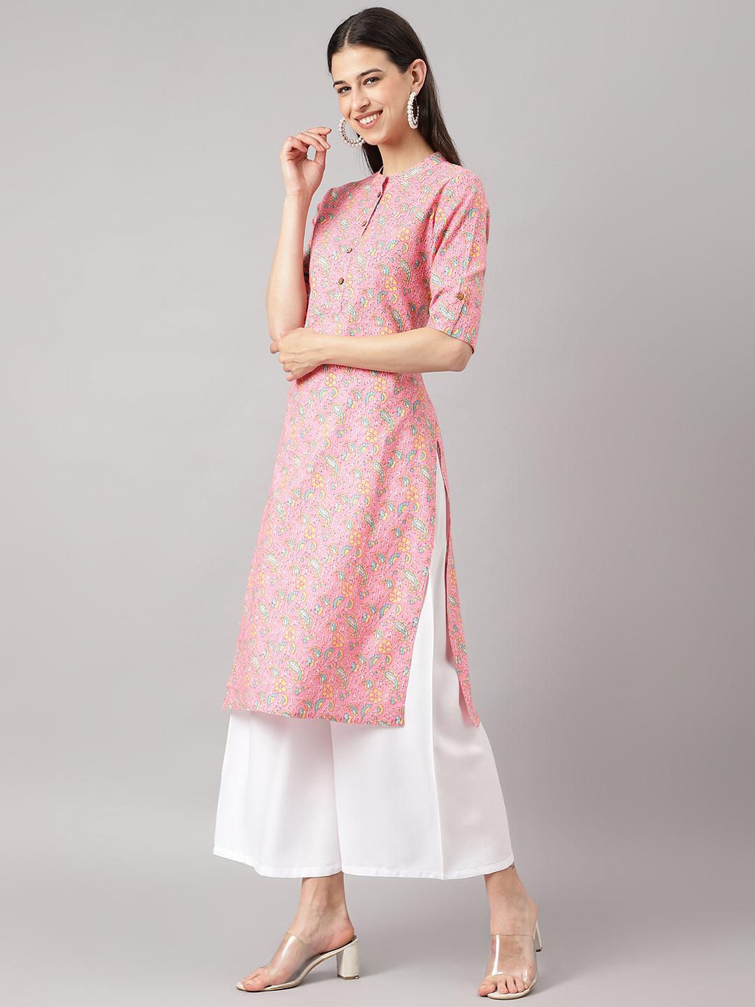 Women's Pink and Green Cotton Katha work Straight Kurta - Taantav