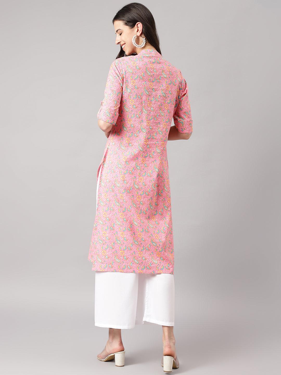 Women's Pink and Green Cotton Katha work Straight Kurta - Taantav