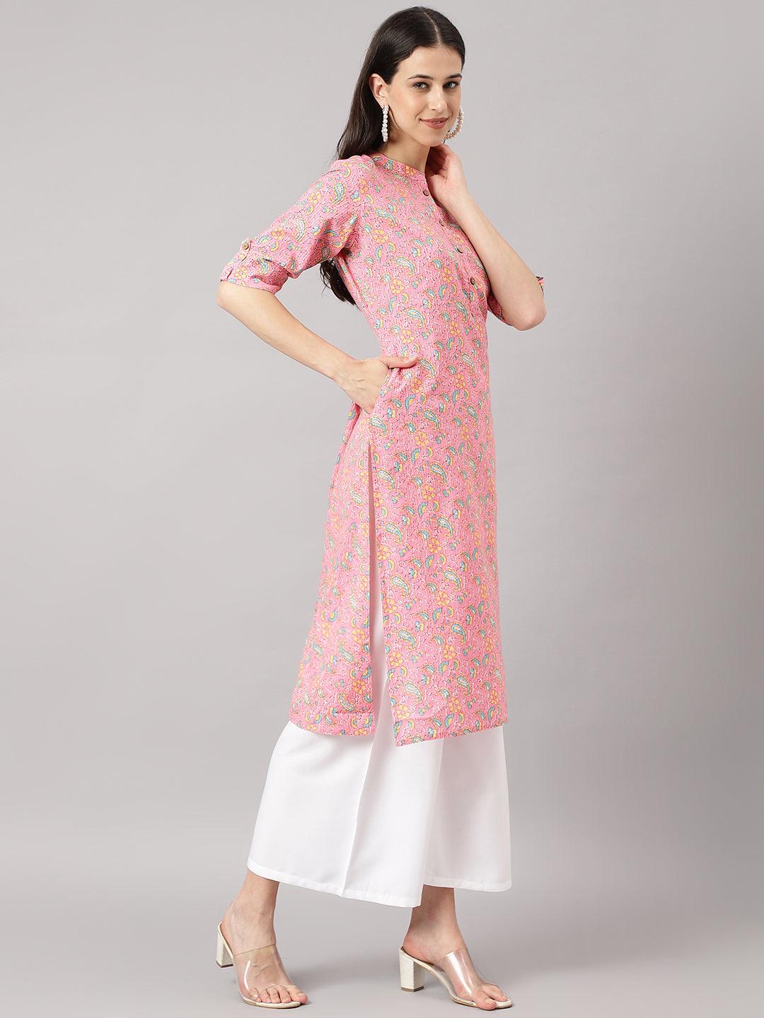 Women's Pink and Green Cotton Katha work Straight Kurta - Taantav