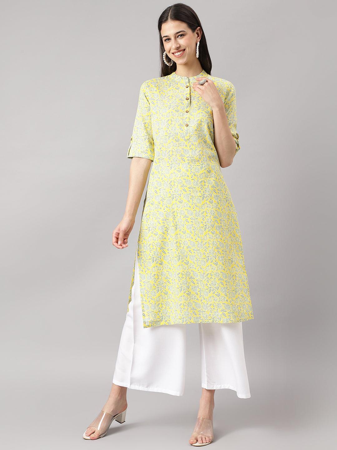 Women's mustard and Gray Cotton Katha work Straight Kurta - Taantav