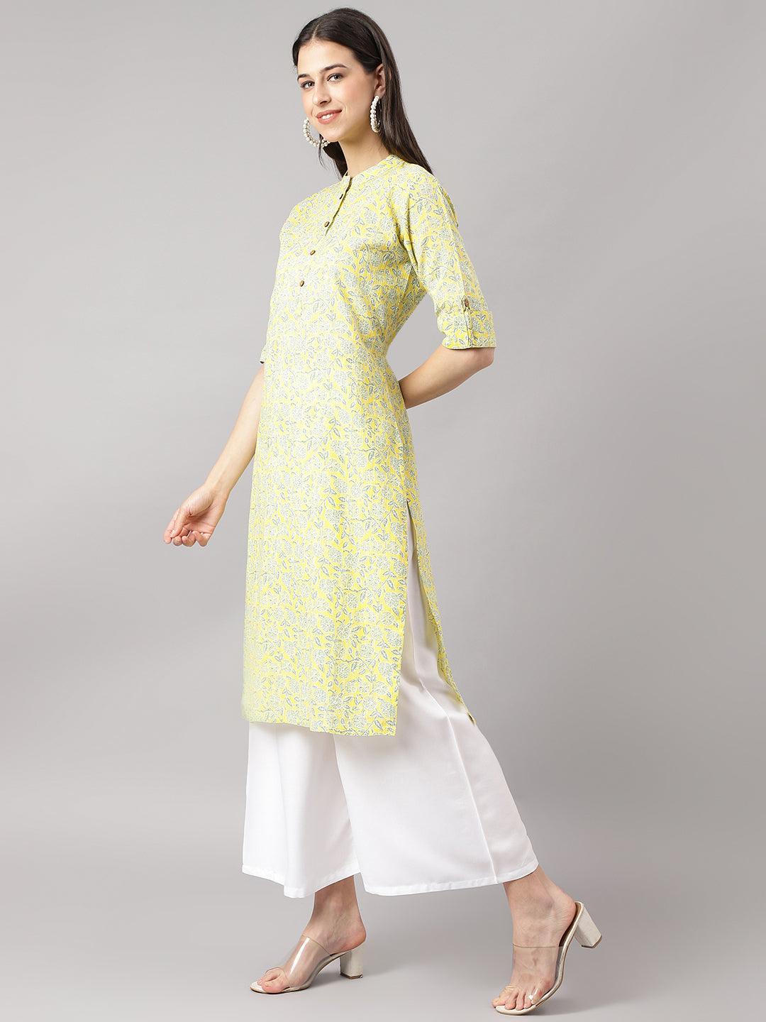 Women's mustard and Gray Cotton Katha work Straight Kurta - Taantav