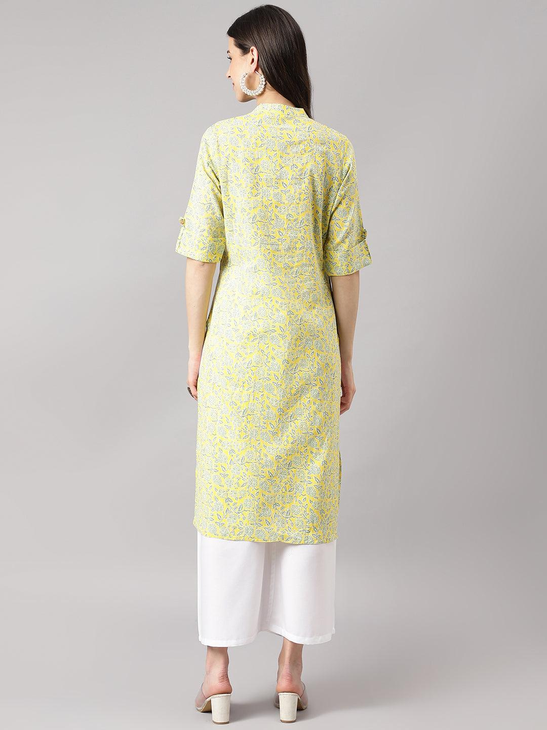 Women's mustard and Gray Cotton Katha work Straight Kurta - Taantav