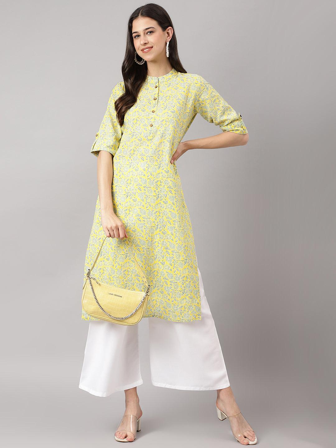 Women's mustard and Gray Cotton Katha work Straight Kurta - Taantav