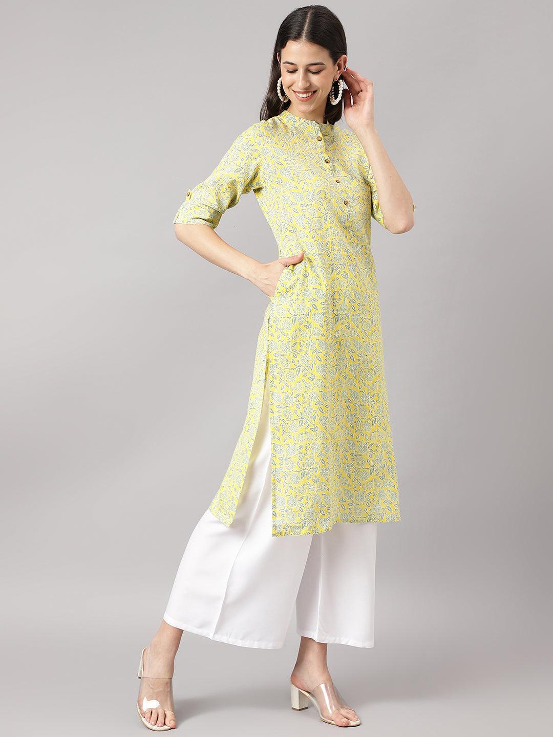 Women's mustard and Gray Cotton Katha work Straight Kurta - Taantav