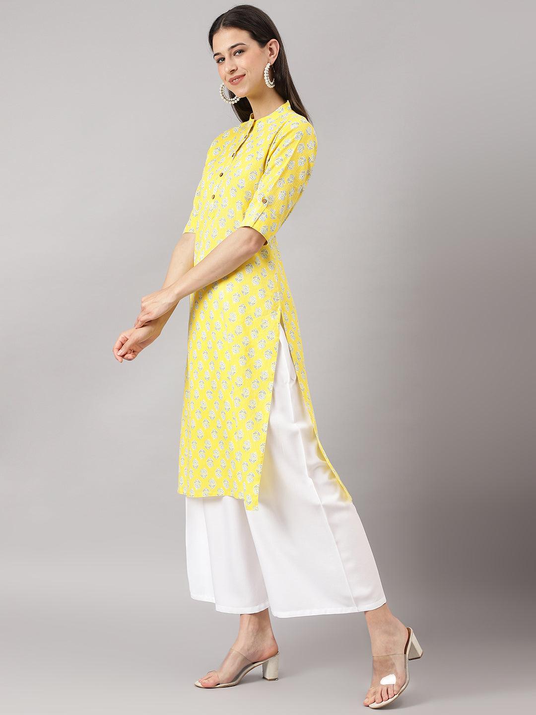 Women's Yellow Cotton Katha work Straight Kurta - Taantav