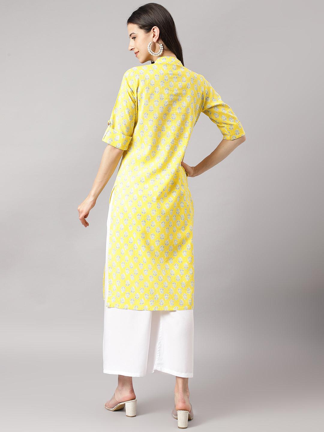 Women's Yellow Cotton Katha work Straight Kurta - Taantav