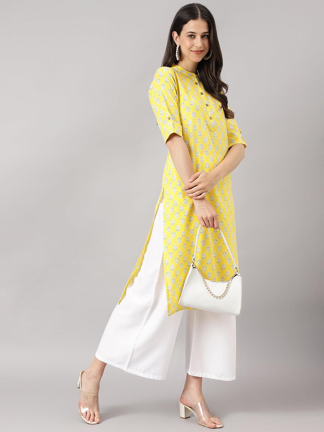 Women's Yellow Cotton Katha work Straight Kurta - Taantav