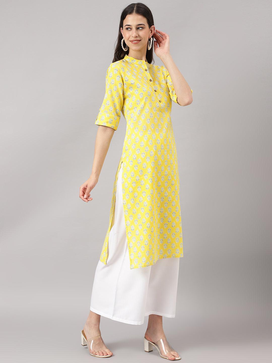 Women's Yellow Cotton Katha work Straight Kurta - Taantav