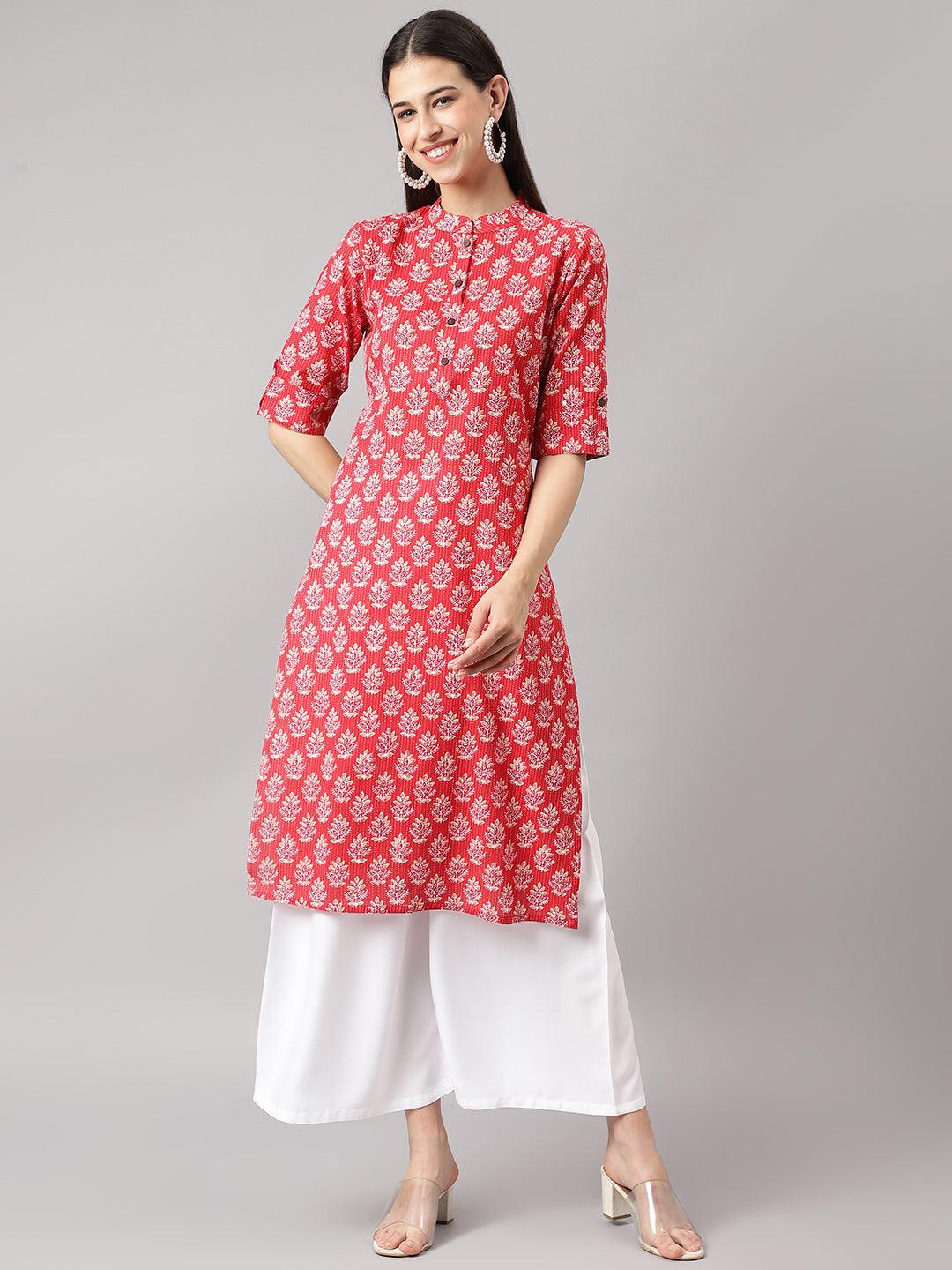 Women's Red Cotton Katha work Straight Kurta - Taantav