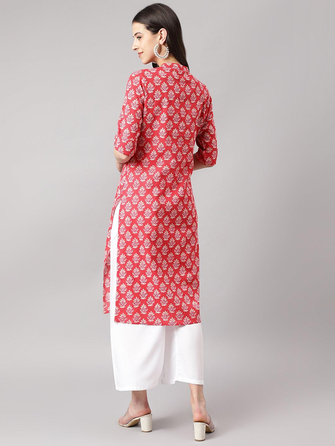 Women's Red Cotton Katha work Straight Kurta - Taantav