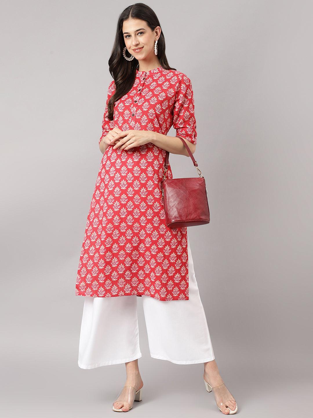 Women's Red Cotton Katha work Straight Kurta - Taantav