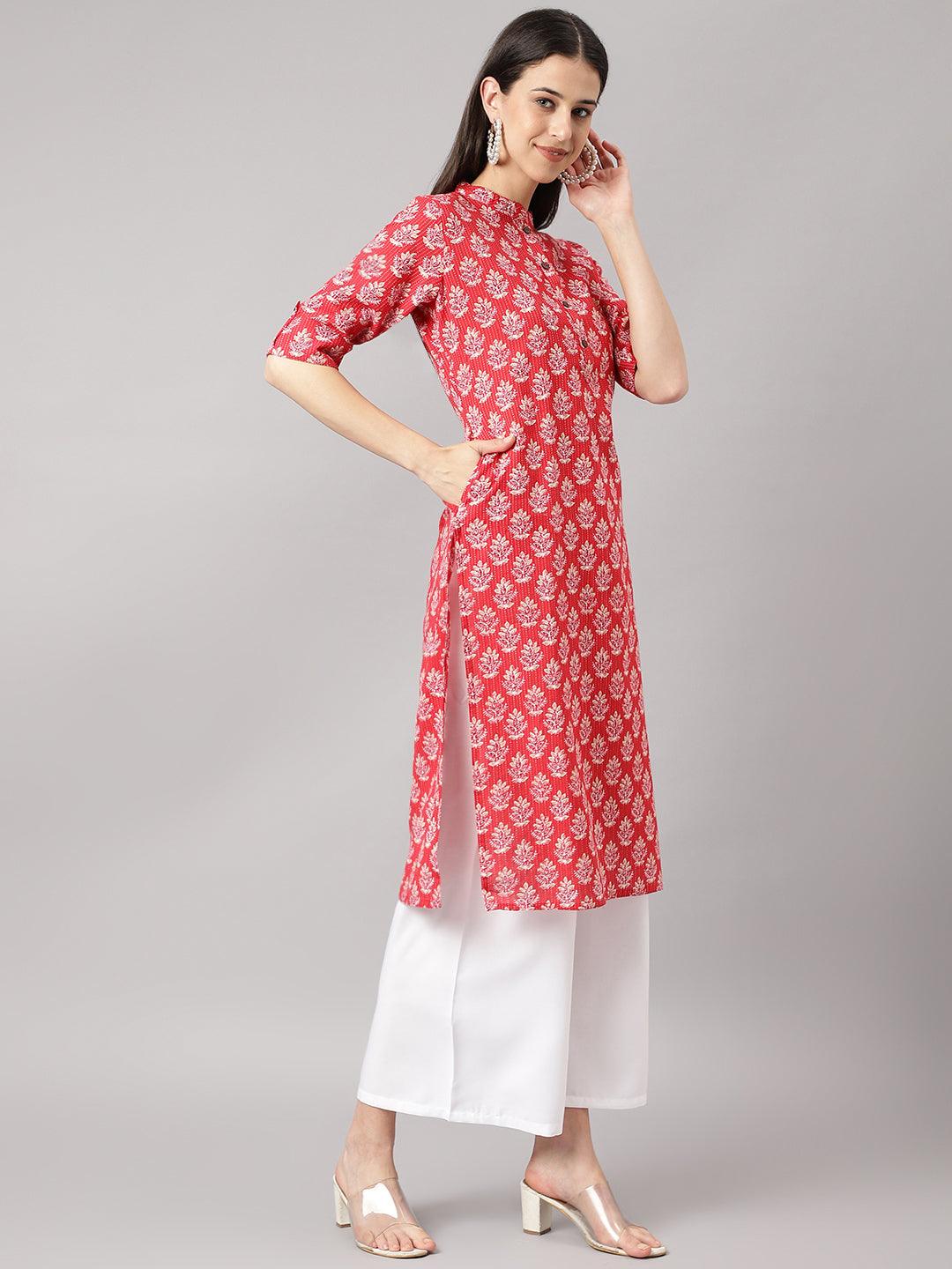 Women's Red Cotton Katha work Straight Kurta - Taantav