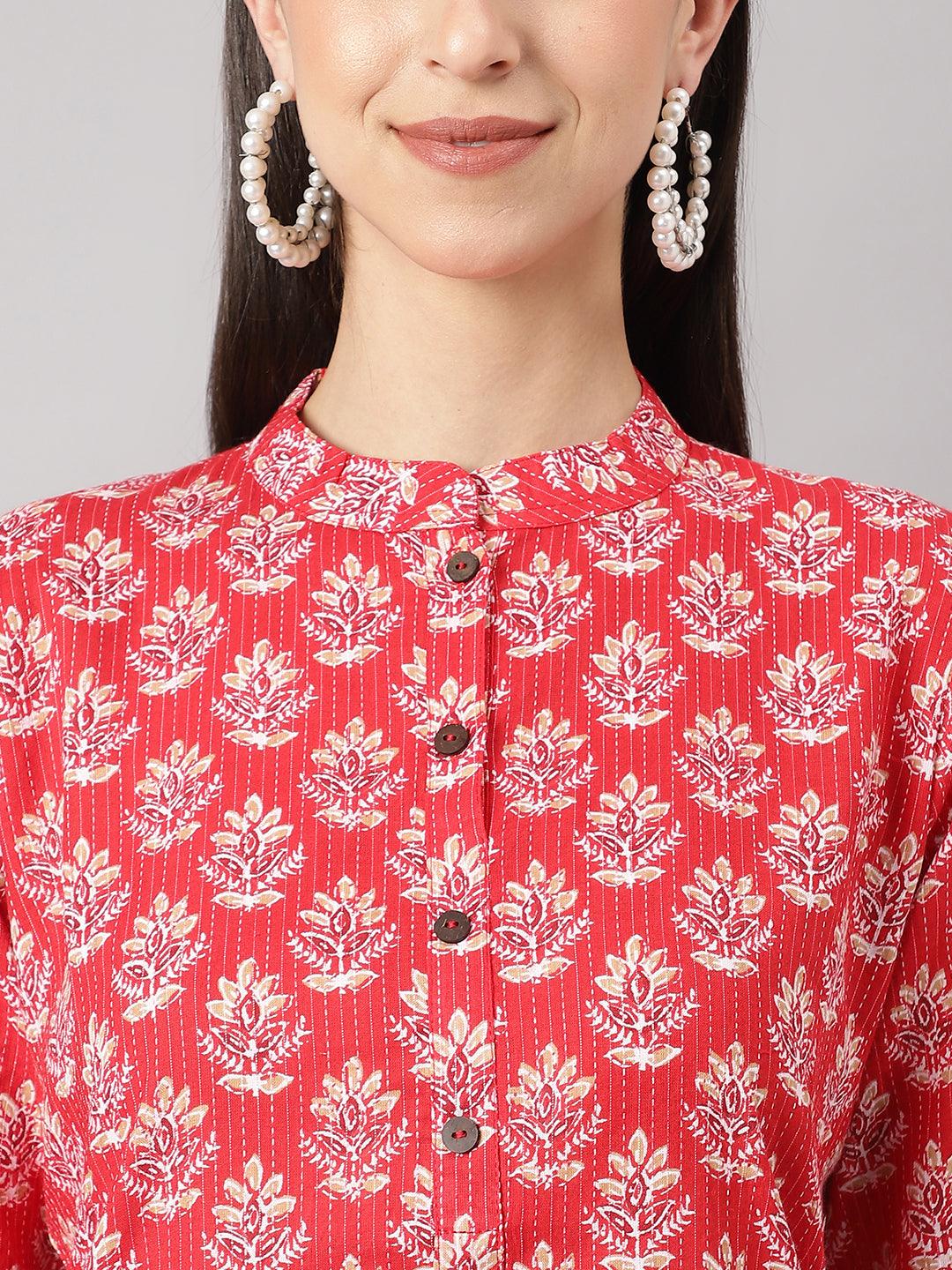 Women's Red Cotton Katha work Straight Kurta - Taantav