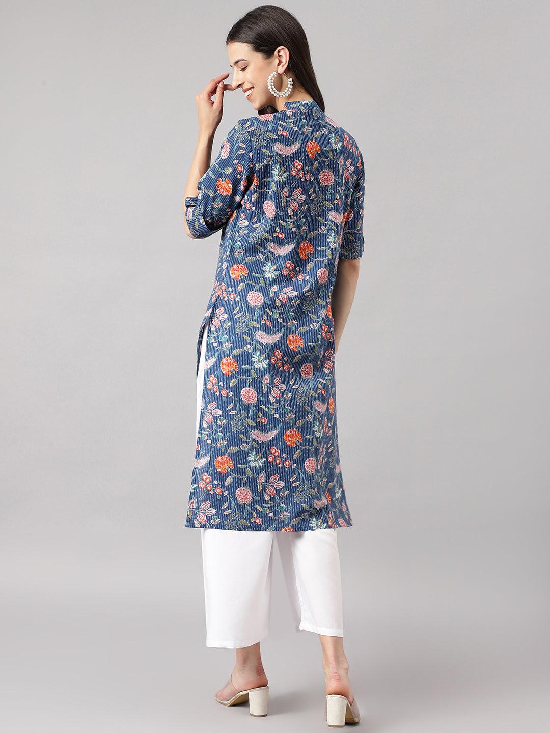 Women's Blue and Orange Cotton Katha work Straight Kurta - Taantav