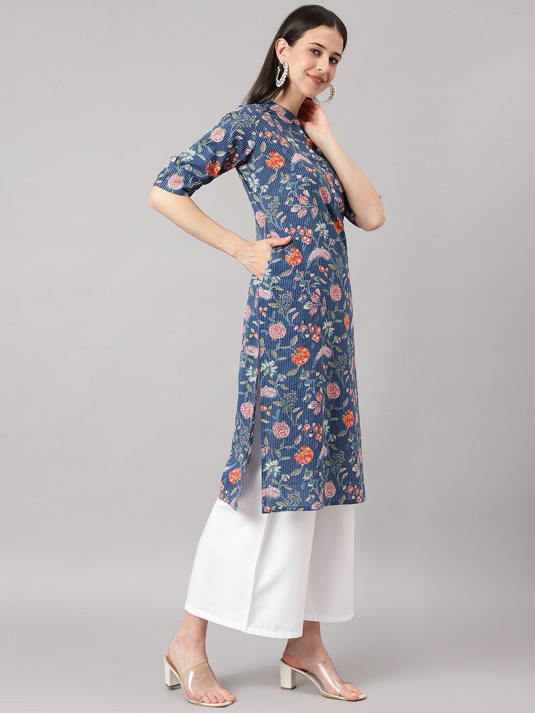 Women's Blue and Orange Cotton Katha work Straight Kurta - Taantav