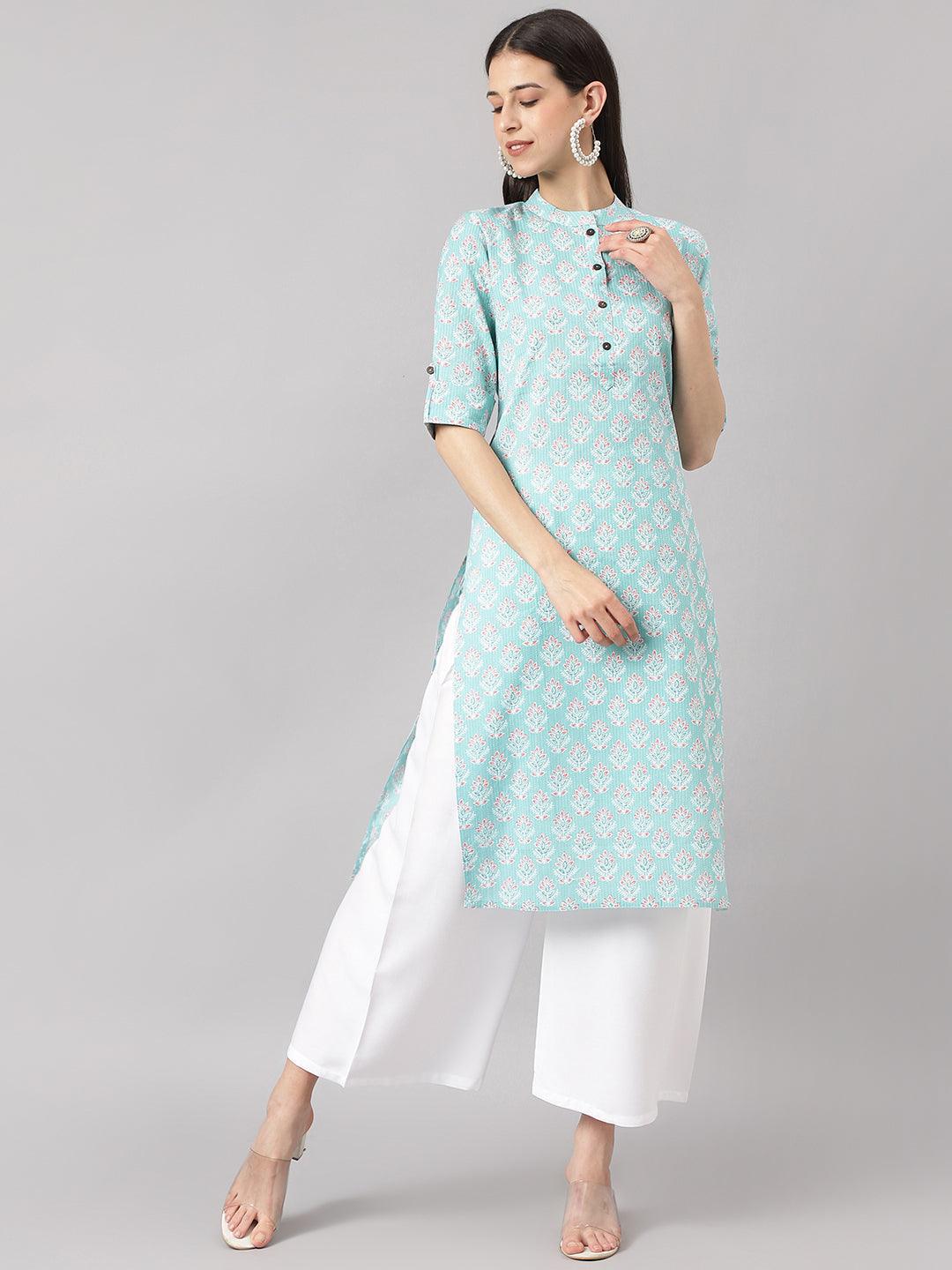 Women's Sea Green Cotton Katha work Straight Kurta - Taantav