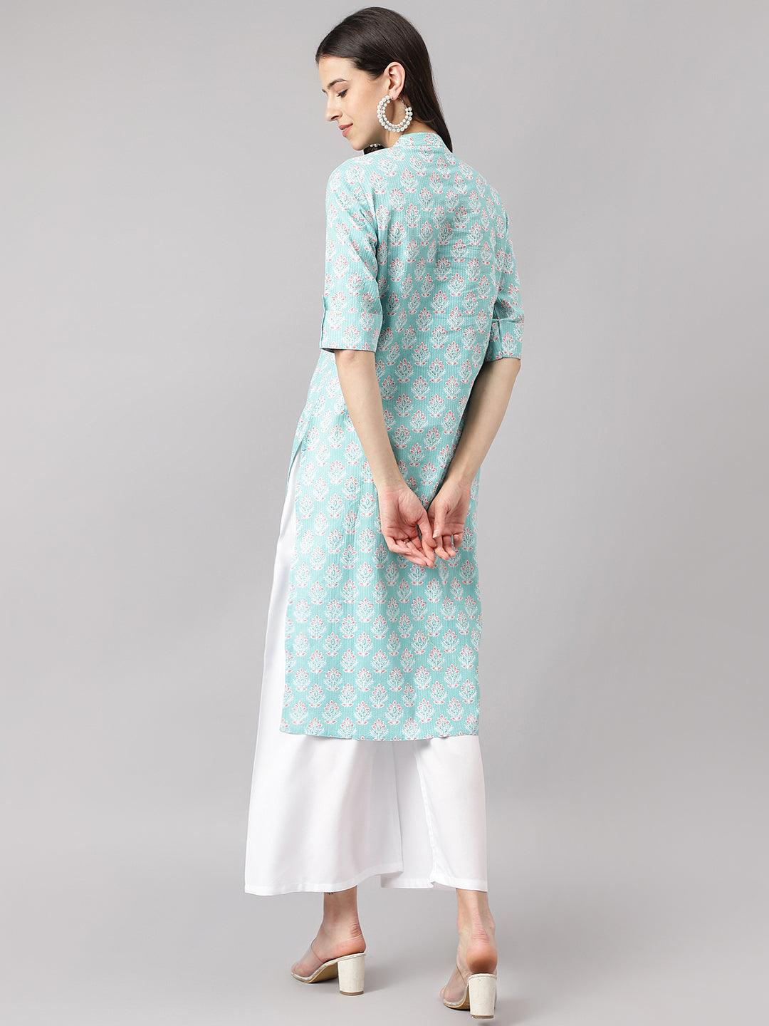 Women's Sea Green Cotton Katha work Straight Kurta - Taantav