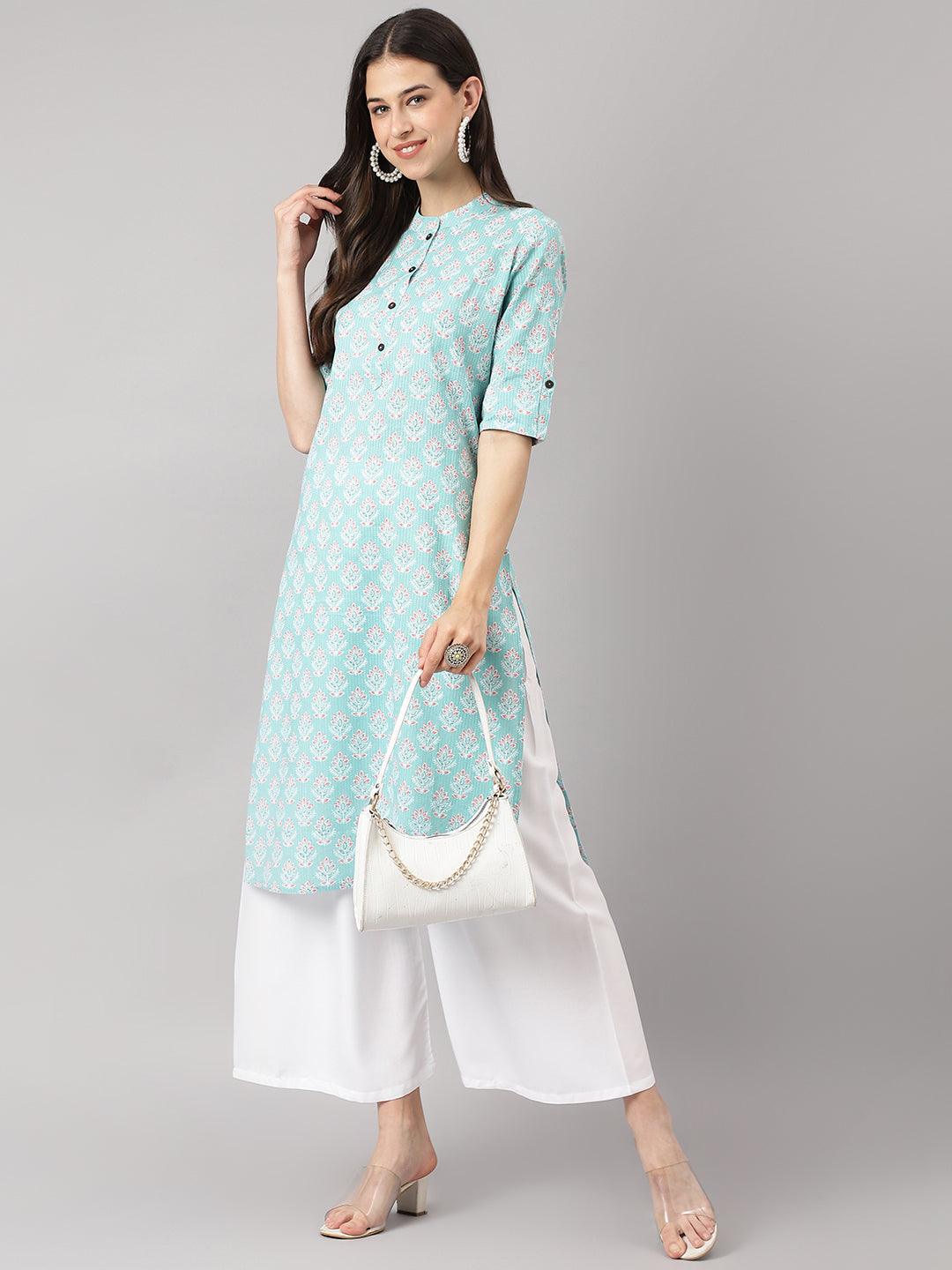 Women's Sea Green Cotton Katha work Straight Kurta - Taantav