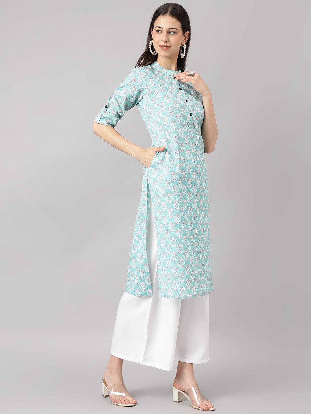 Women's Sea Green Cotton Katha work Straight Kurta - Taantav