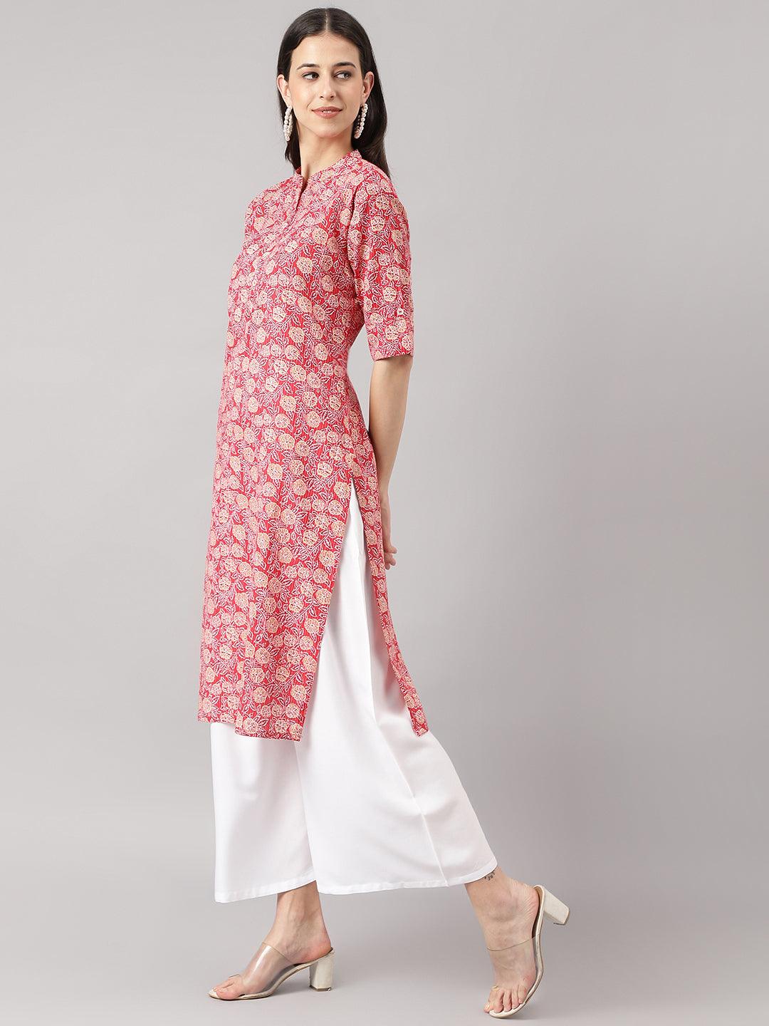 Women's Red and Beige Cotton Katha work Straight Kurta - Taantav