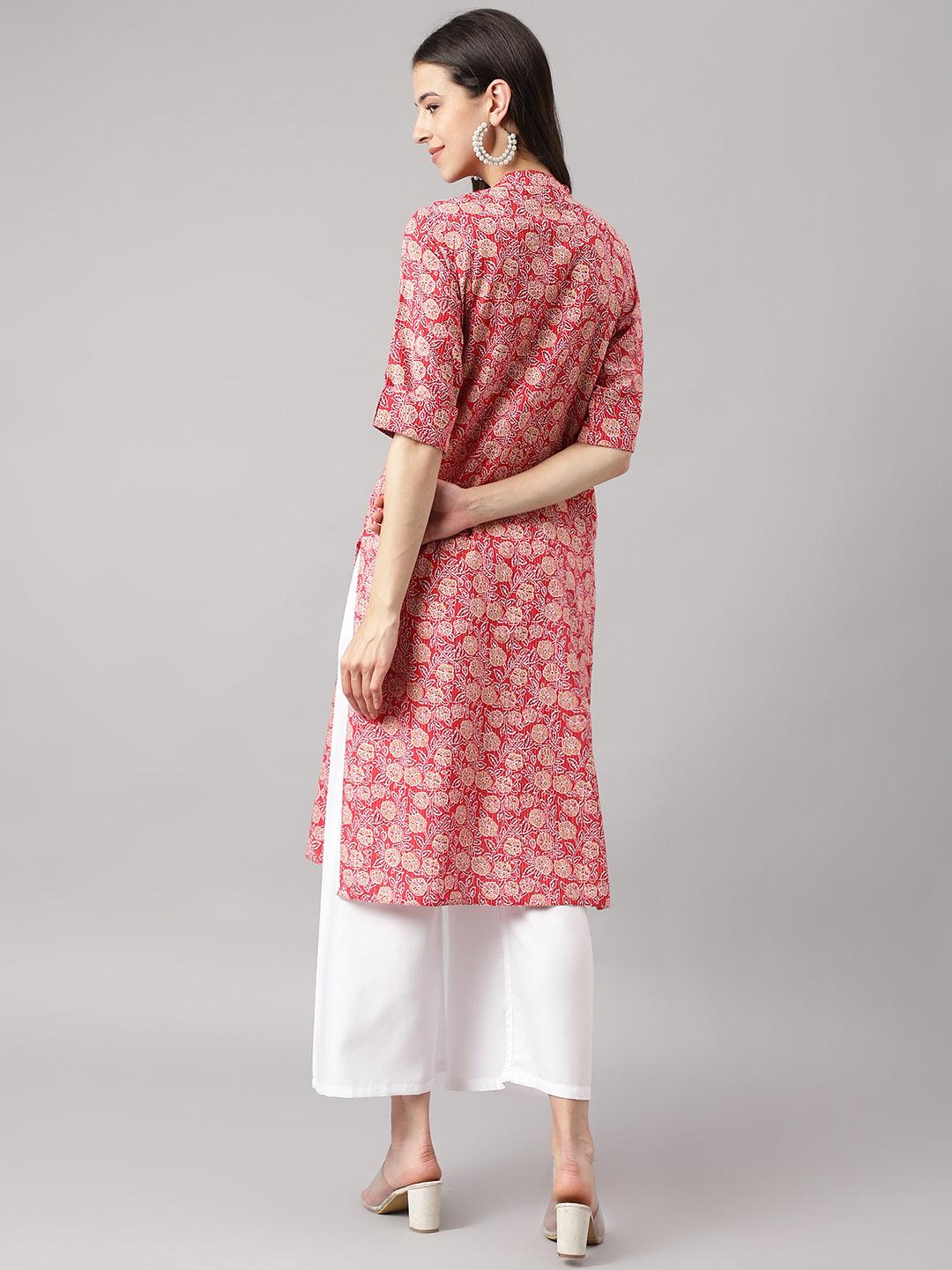 Women's Red and Beige Cotton Katha work Straight Kurta - Taantav