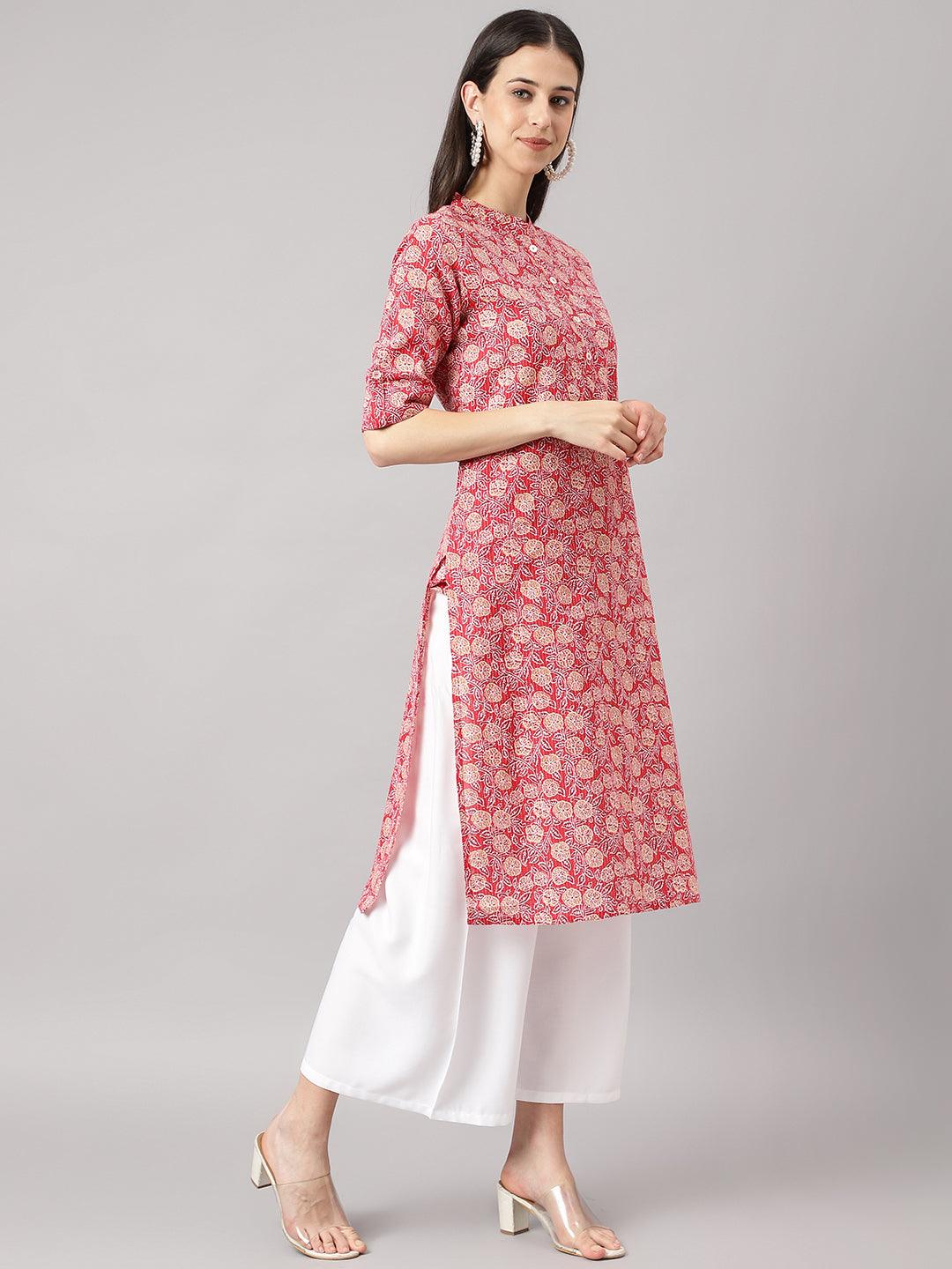 Women's Red and Beige Cotton Katha work Straight Kurta - Taantav