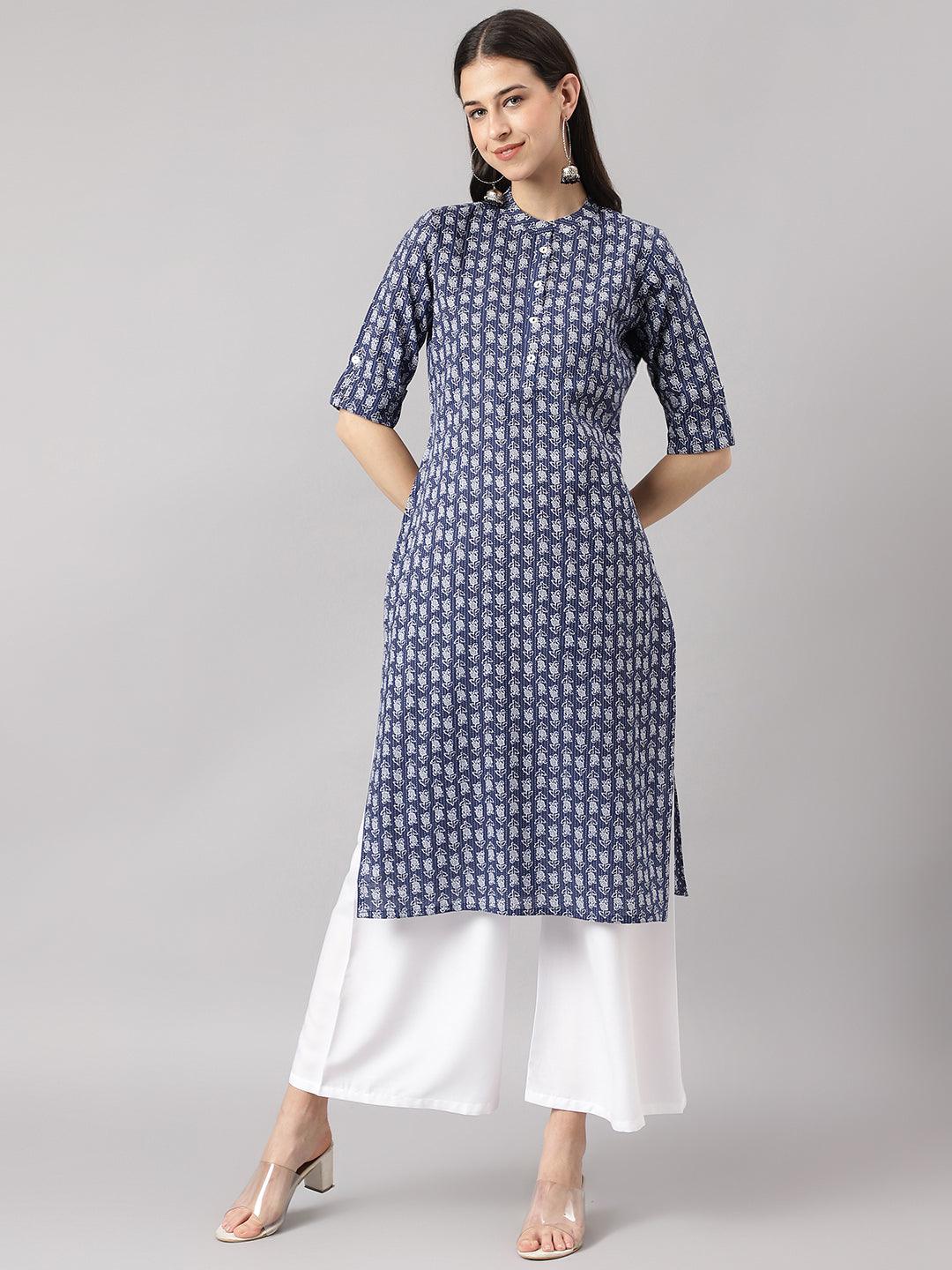 Women's Blue and Gray Cotton Katha work Straight Kurta - Taantav