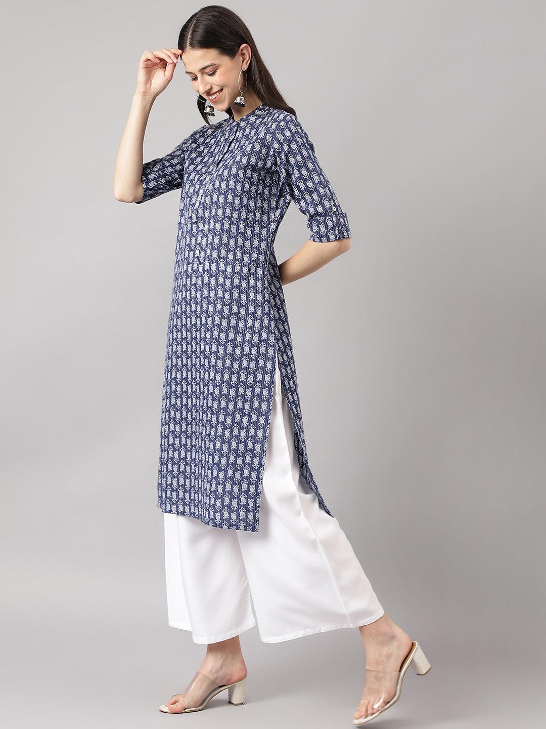 Women's Blue and Gray Cotton Katha work Straight Kurta - Taantav