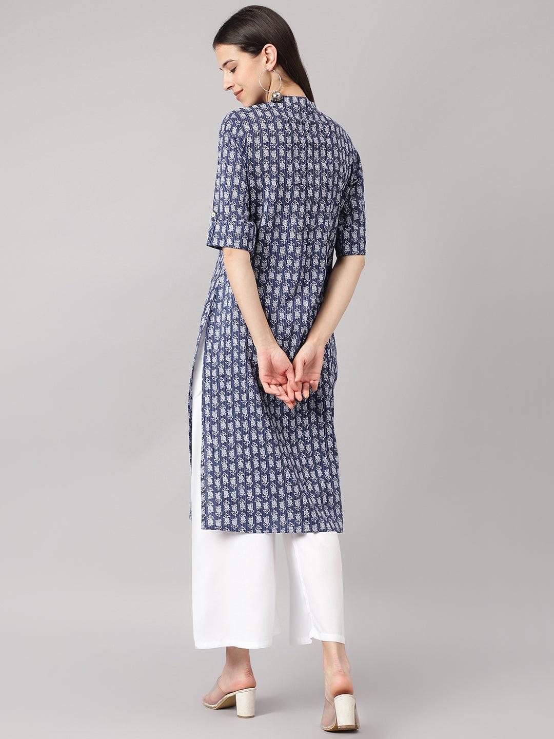 Women's Blue and Gray Cotton Katha work Straight Kurta - Taantav