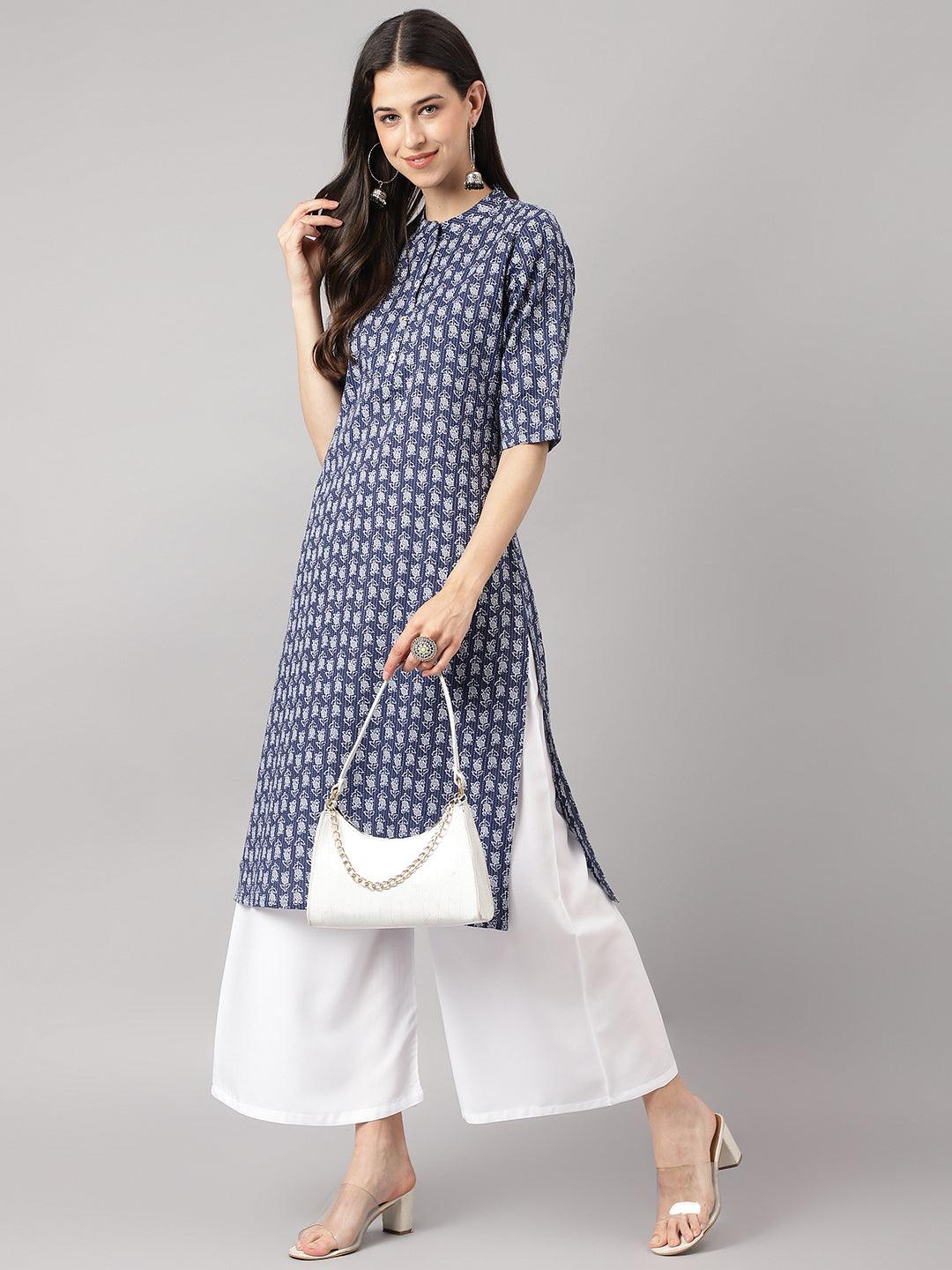 Women's Blue and Gray Cotton Katha work Straight Kurta - Taantav