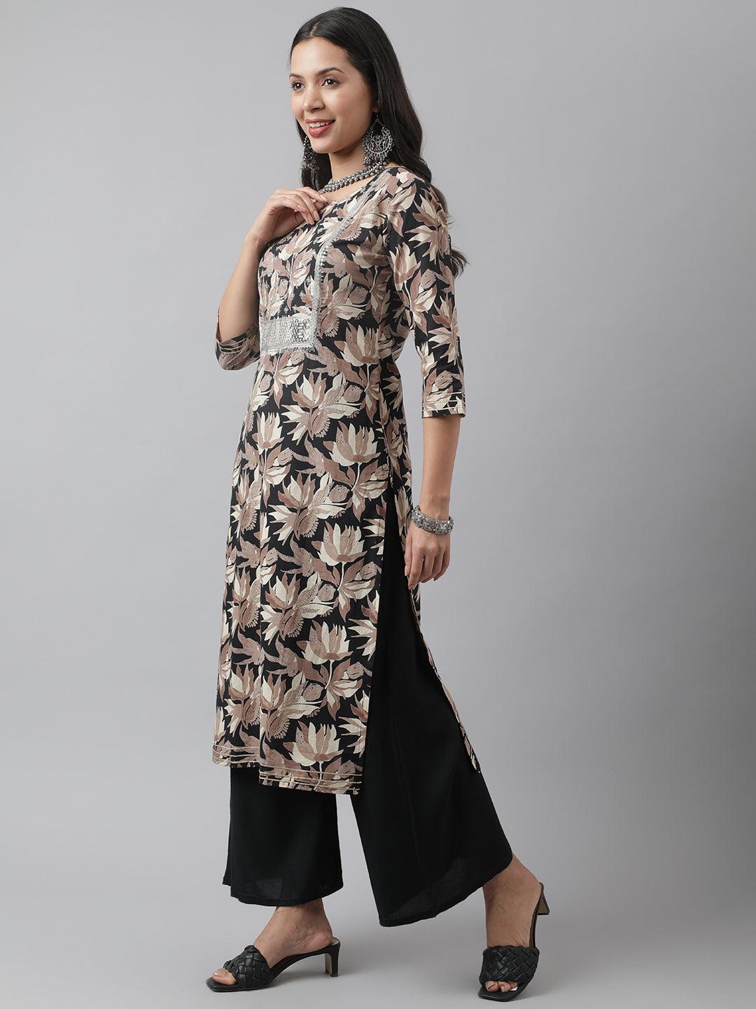 Women's Black Cotton Floral Straight Kurta - Taantav