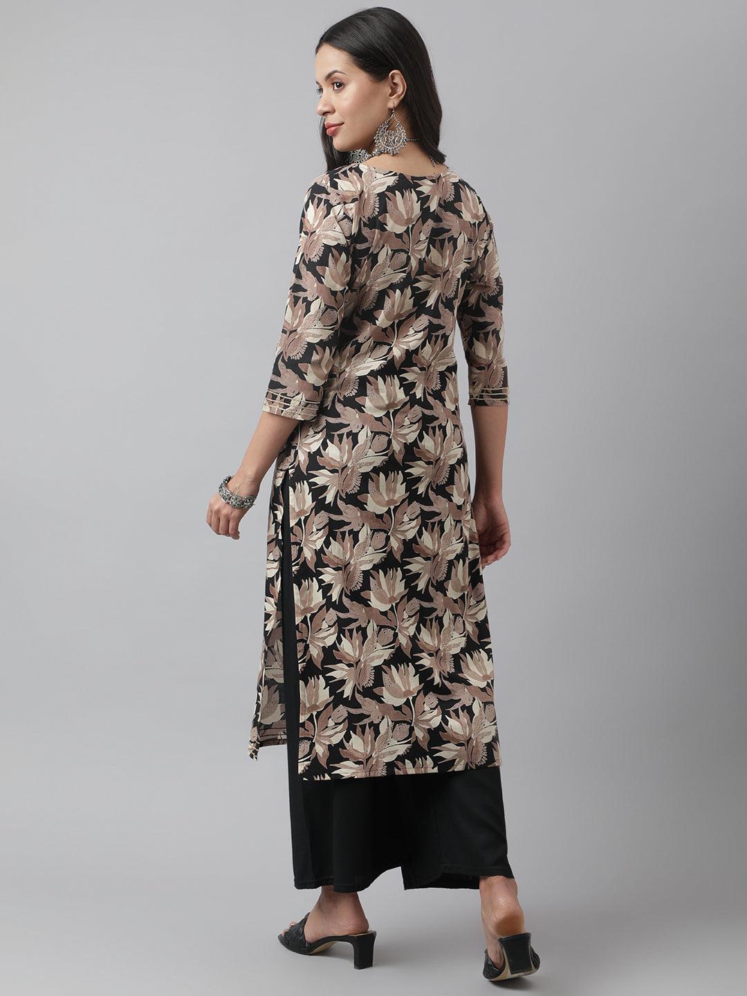 Women's Black Cotton Floral Straight Kurta - Taantav