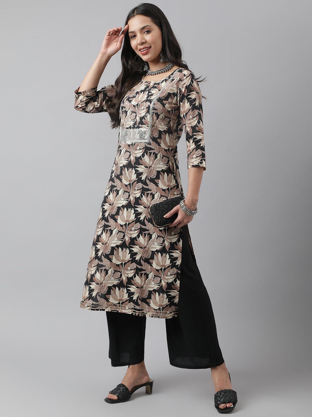 Women's Black Cotton Floral Straight Kurta - Taantav