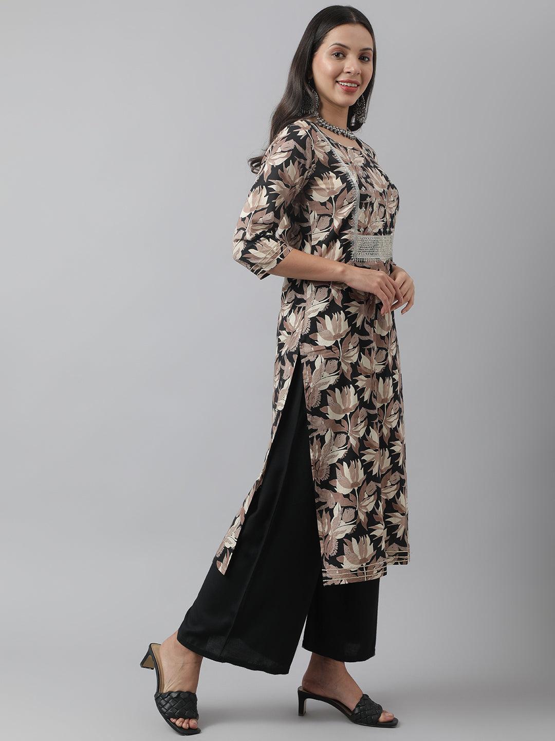 Women's Black Cotton Floral Straight Kurta - Taantav