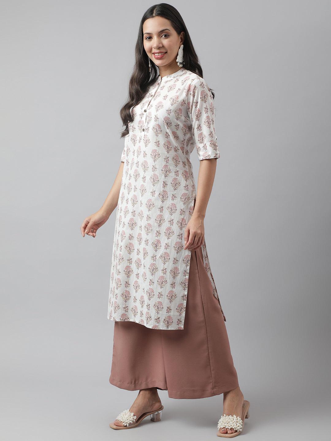 Women's White & Pink Floral Printed Straight Kurta - Taantav