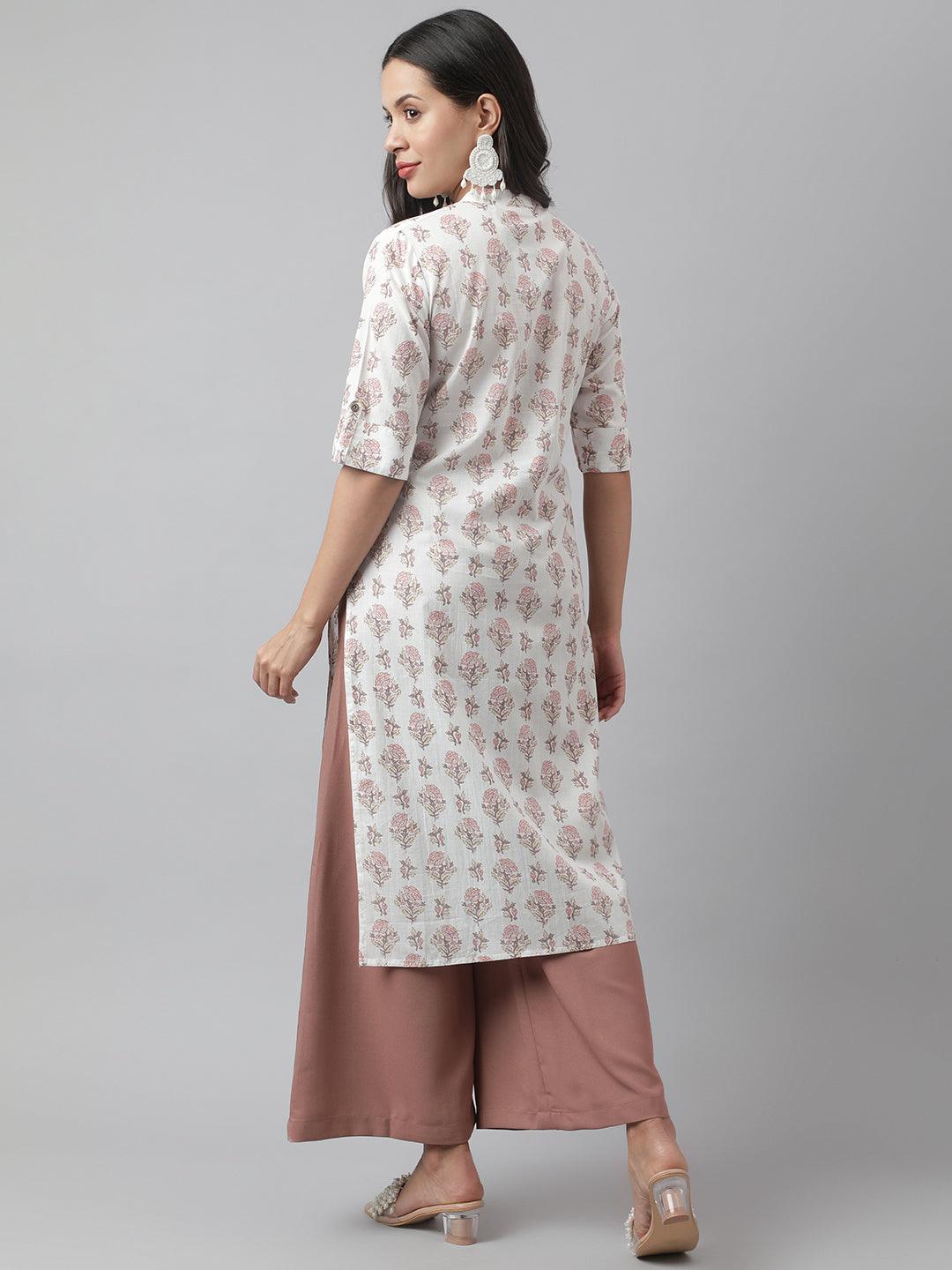 Women's White & Pink Floral Printed Straight Kurta - Taantav