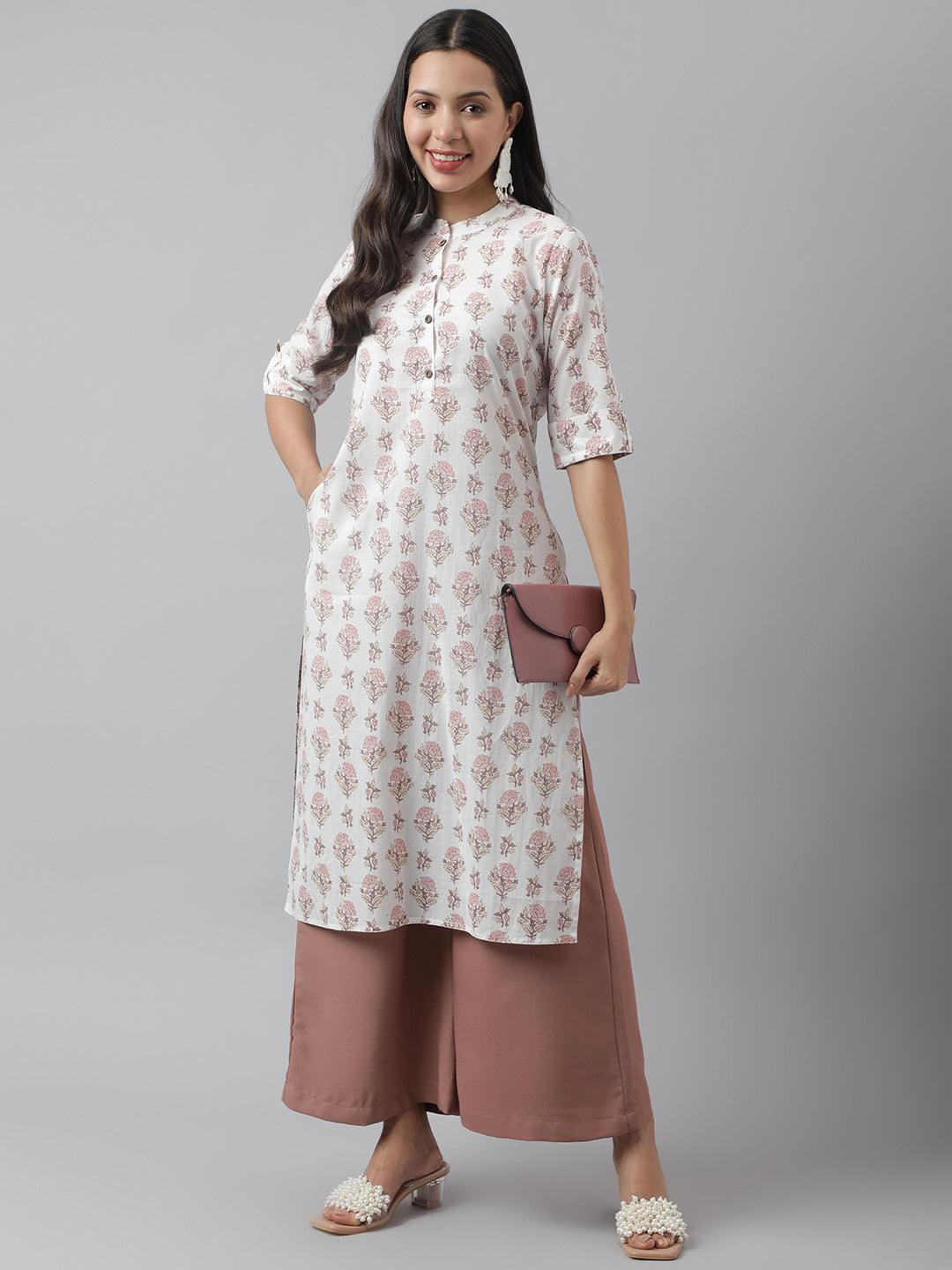 Women's White & Pink Floral Printed Straight Kurta - Taantav