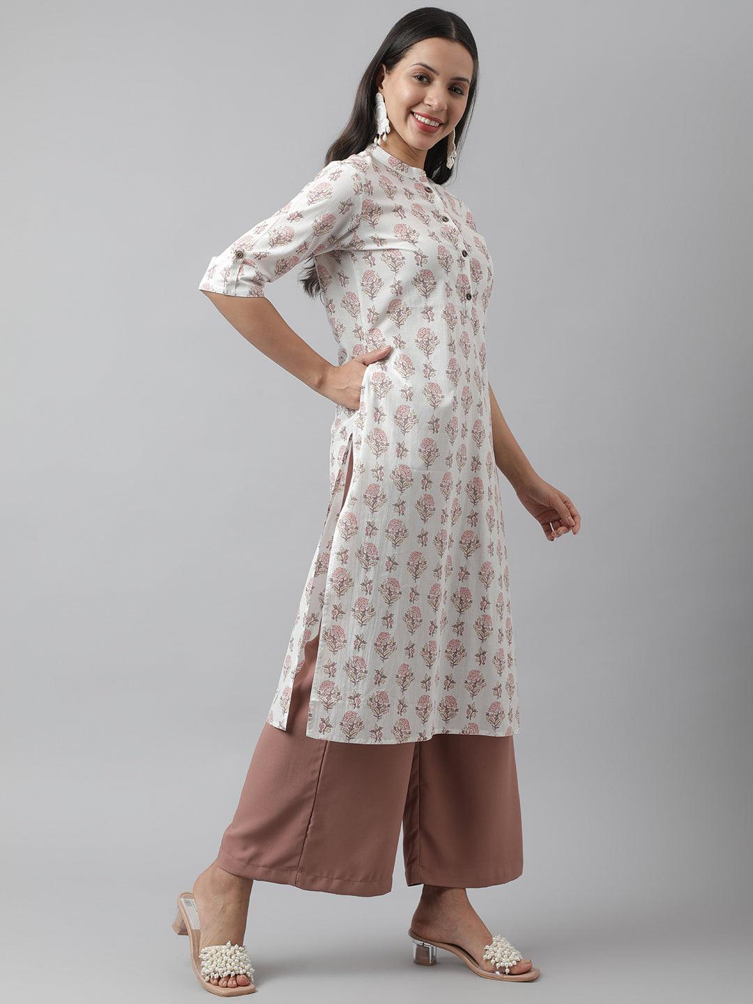 Women's White & Pink Floral Printed Straight Kurta - Taantav