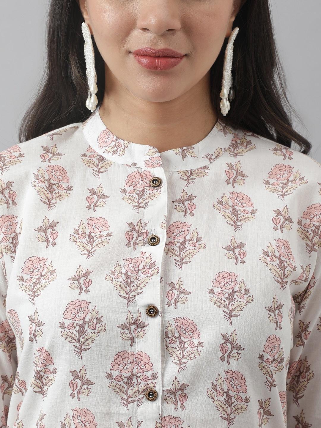 Women's White & Pink Floral Printed Straight Kurta - Taantav