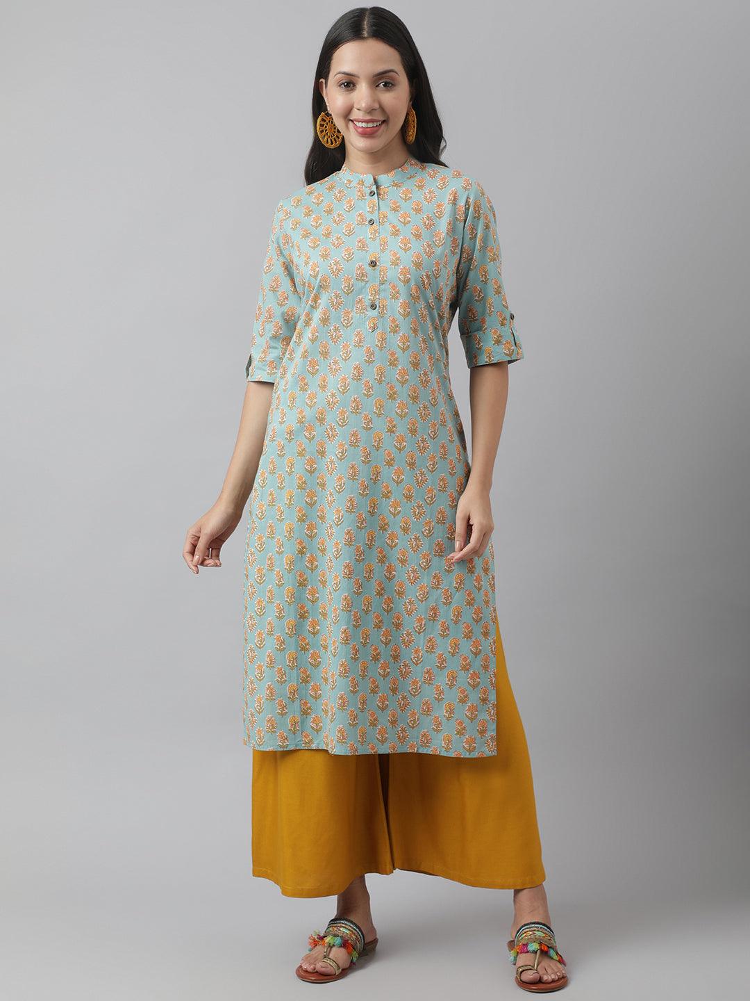 Women's Sea green & Yellow Floral Printed Straight Kurta - Taantav