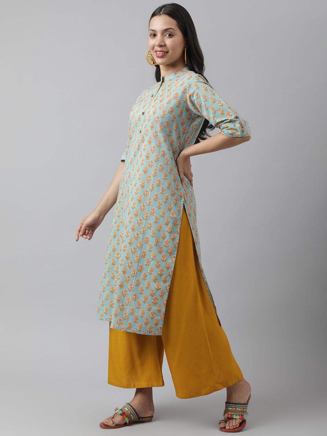 Women's Sea green & Yellow Floral Printed Straight Kurta - Taantav