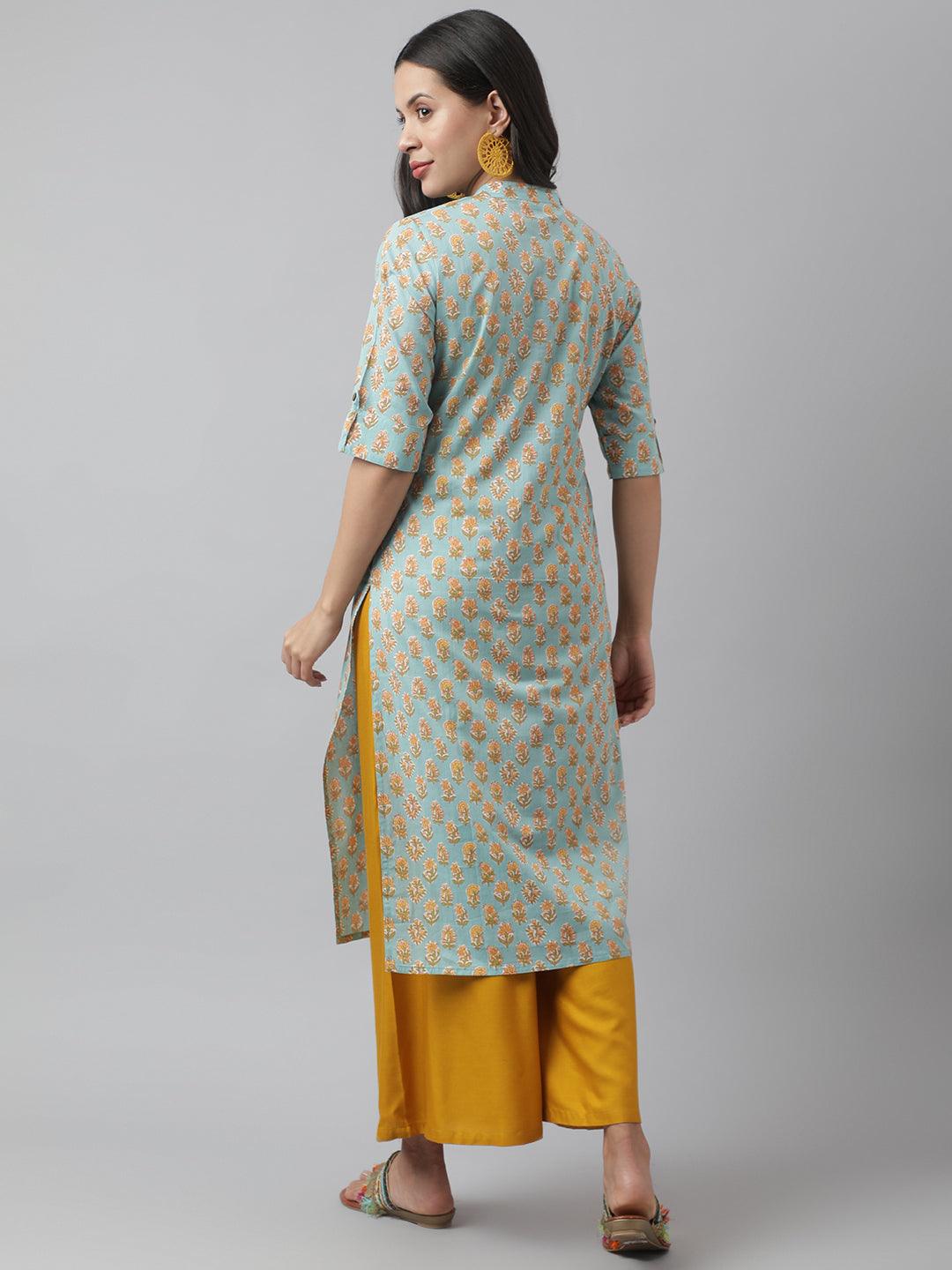 Women's Sea green & Yellow Floral Printed Straight Kurta - Taantav