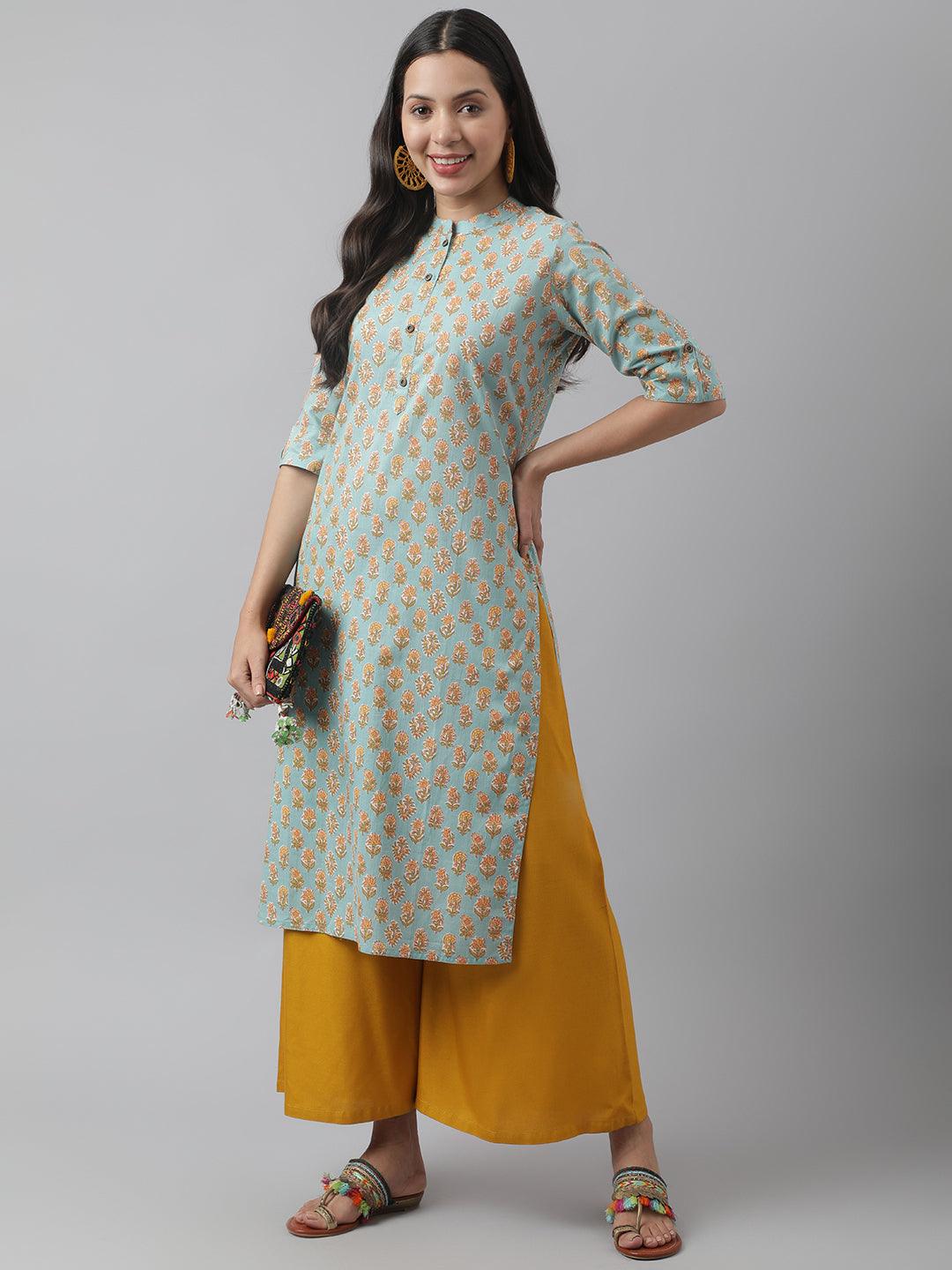 Women's Sea green & Yellow Floral Printed Straight Kurta - Taantav