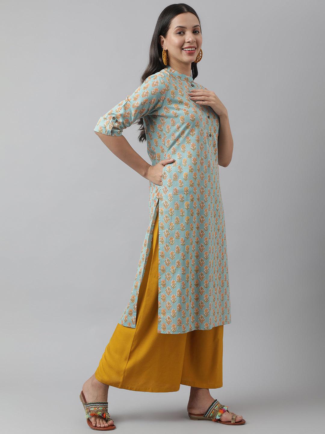 Women's Sea green & Yellow Floral Printed Straight Kurta - Taantav