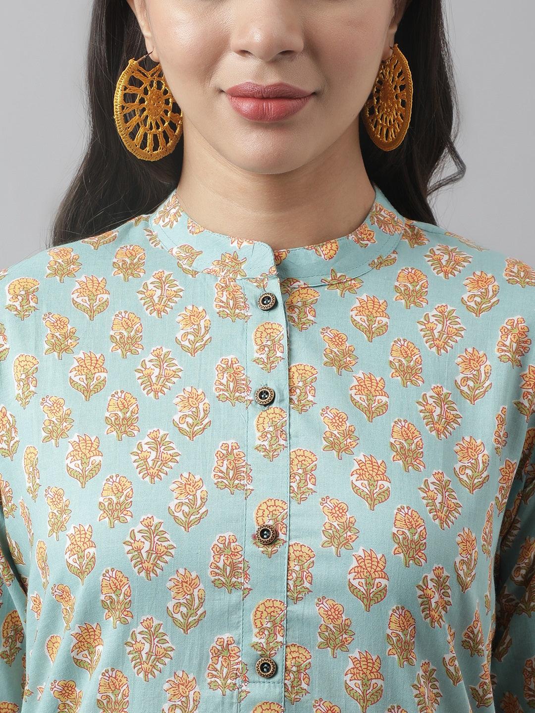 Women's Sea green & Yellow Floral Printed Straight Kurta - Taantav