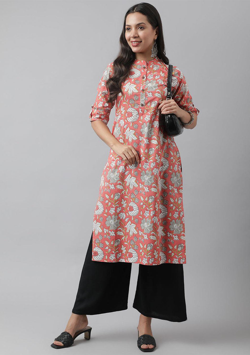 Women's Pink & Multi Floral Printed Straight Kurta - Taantav